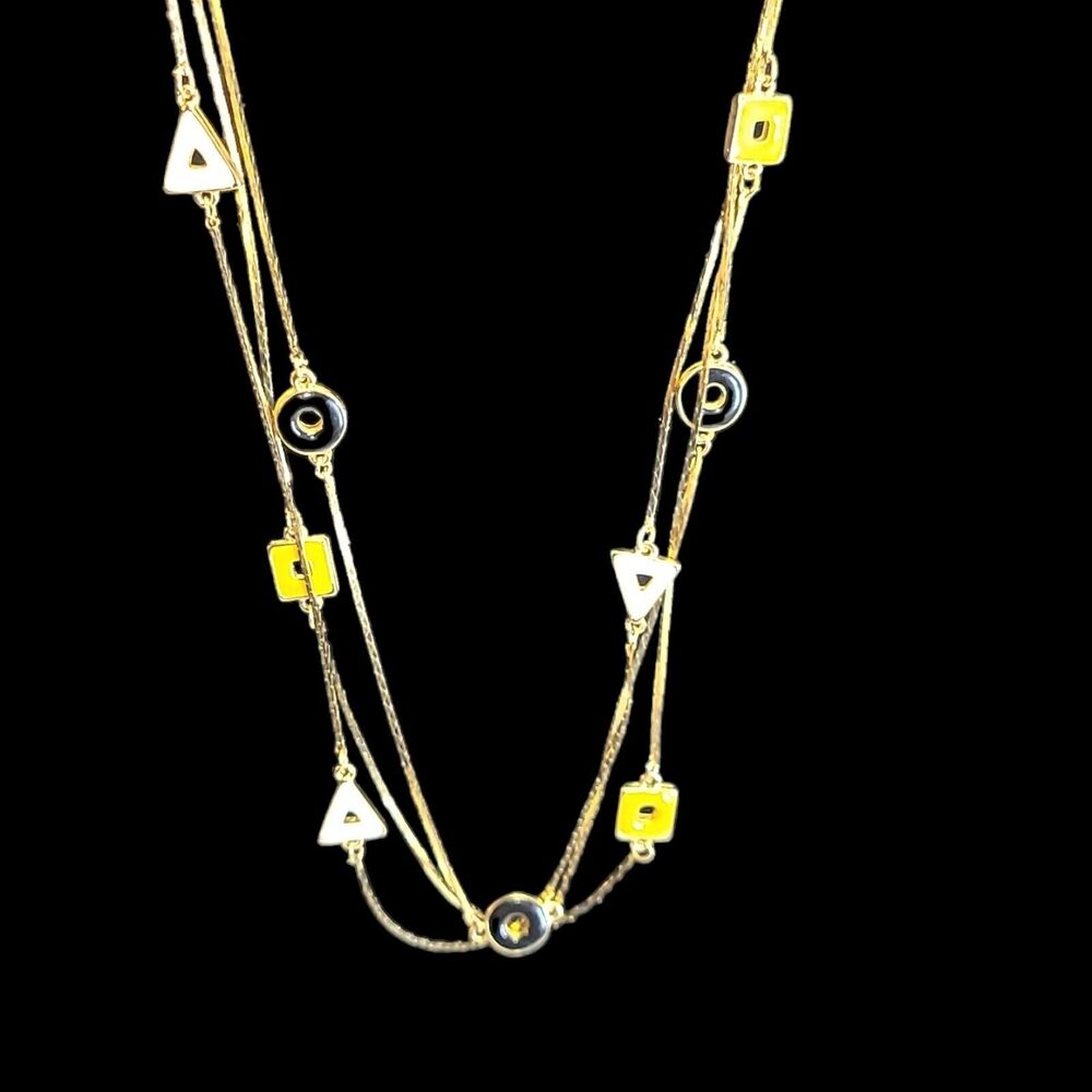 Vintage Gold Tone MultiStrand Geometric Shapes Enamel Station Necklace Korea 22"